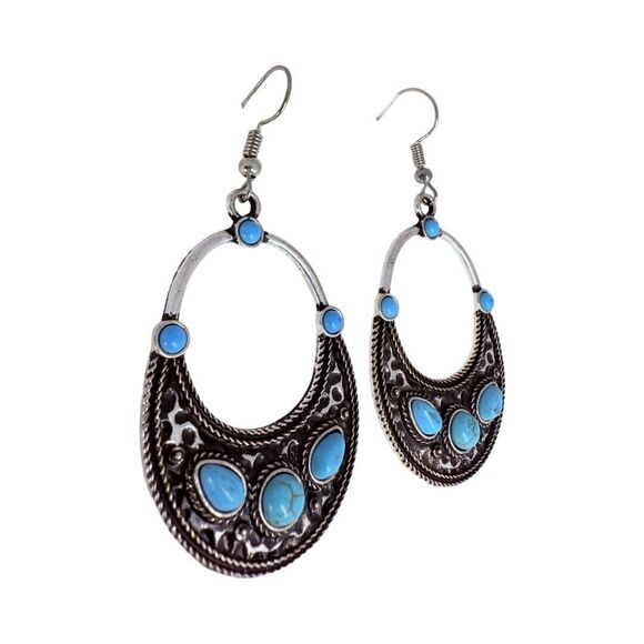 Faux Turquoise Silver Tone Dangle Earrings 2.5" Bohemian Boho Chic Southwestern - Picture 7 of 11